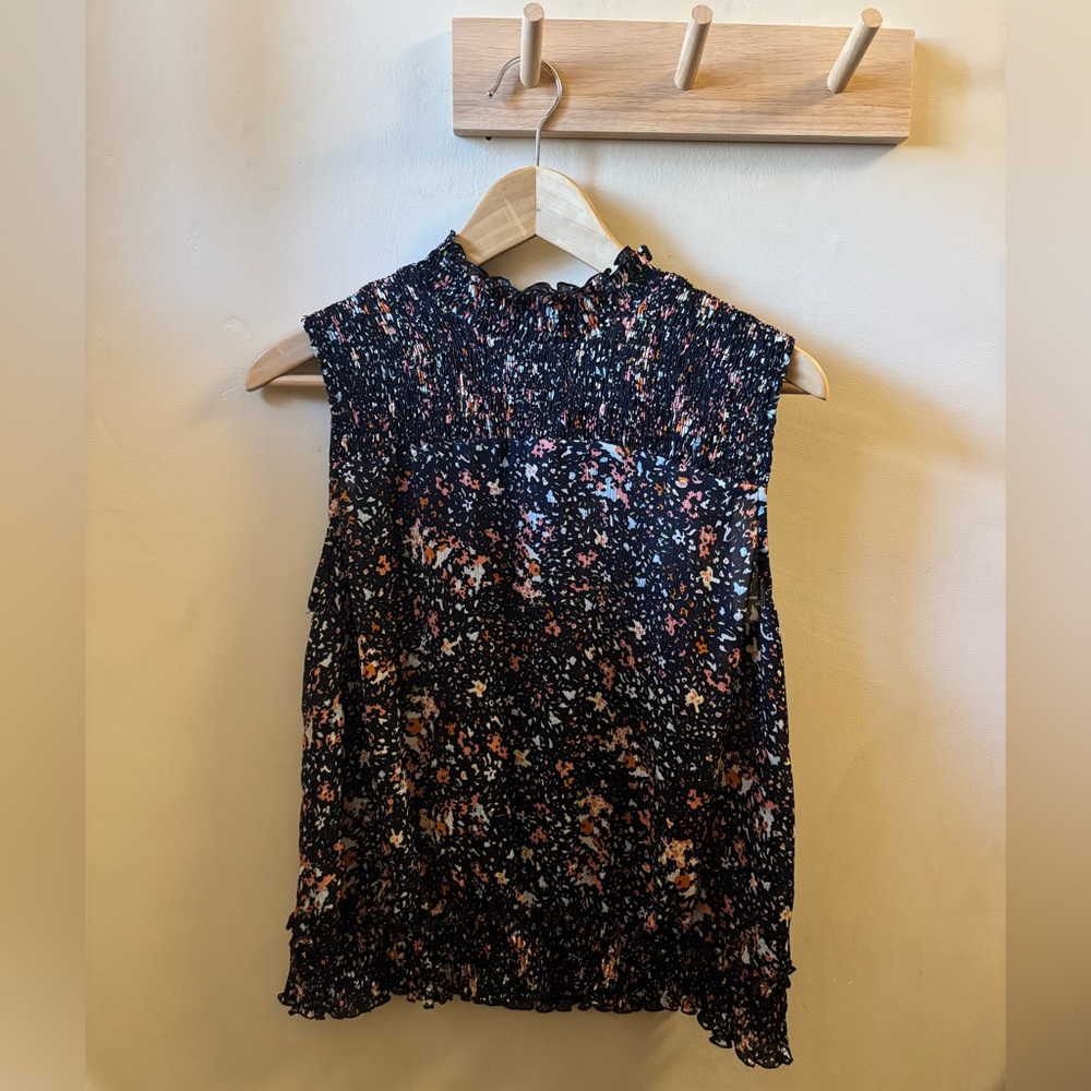 Zara Pleated Sleeveless Mock Neck Blouse